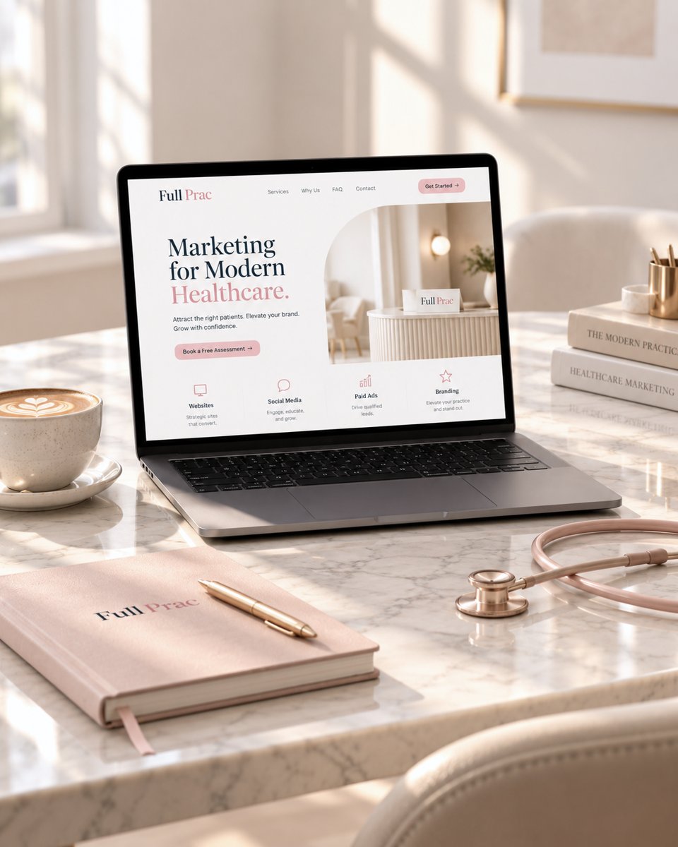 Full Prac website homepage mockup on a laptop showing marketing for modern healthcare