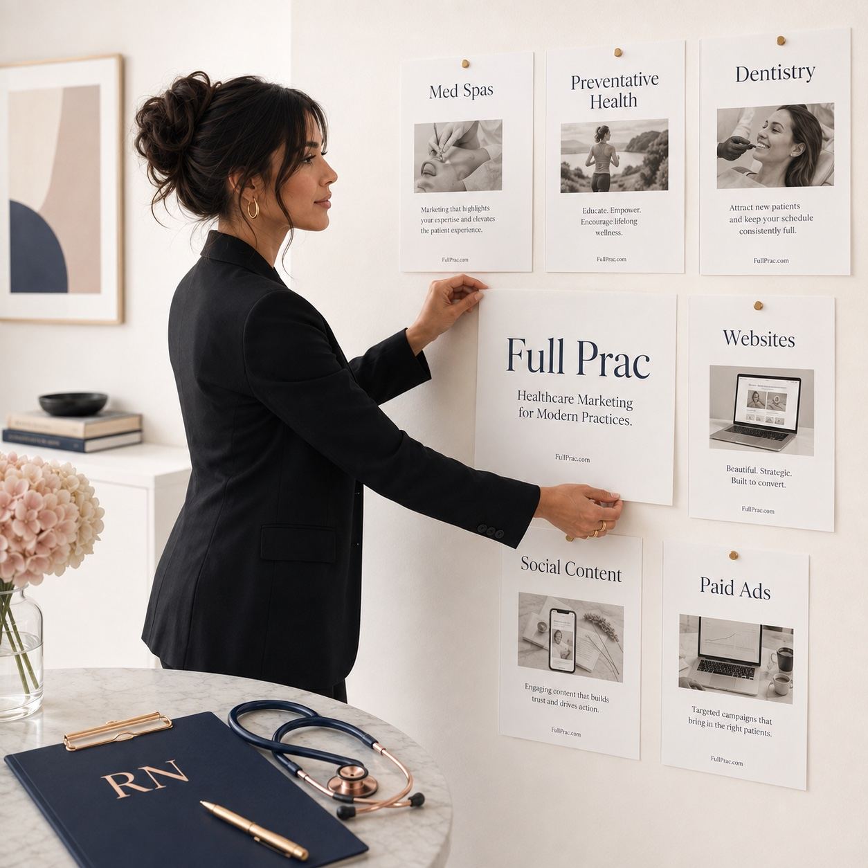 Full Prac founder pinning healthcare marketing service cards to a wall