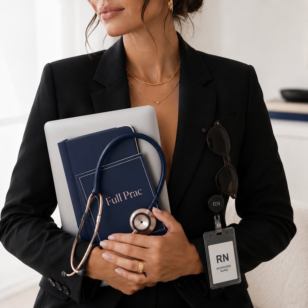 Full Prac founder holding a Full Prac branded notebook and stethoscope