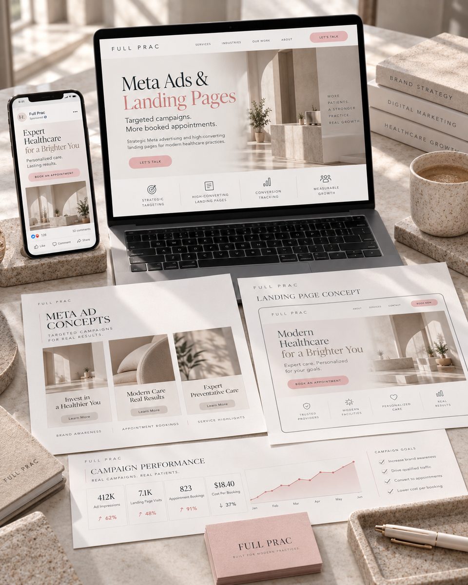 Meta Ads campaign dashboard and landing page results managed by Full Prac