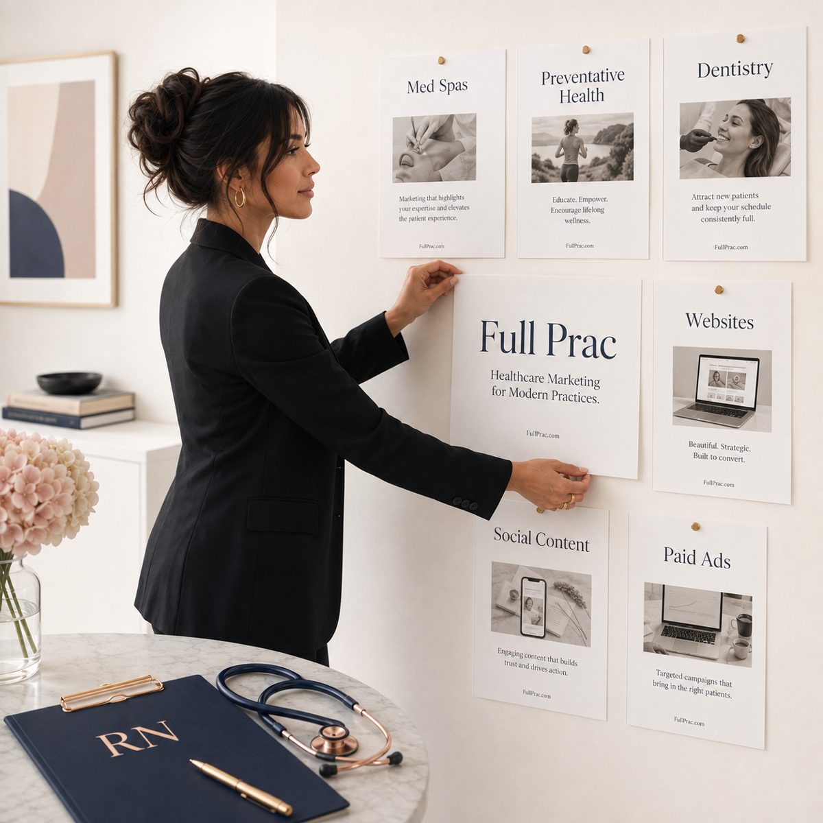 Full Prac branded service overview cards pinned to a wall